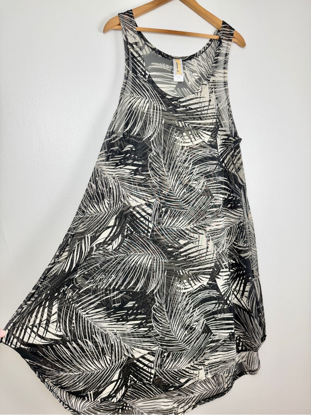 Sheer Mesh Tropical Swim Cover Up Dress Palm Print Sleeveless Black Resort Wear